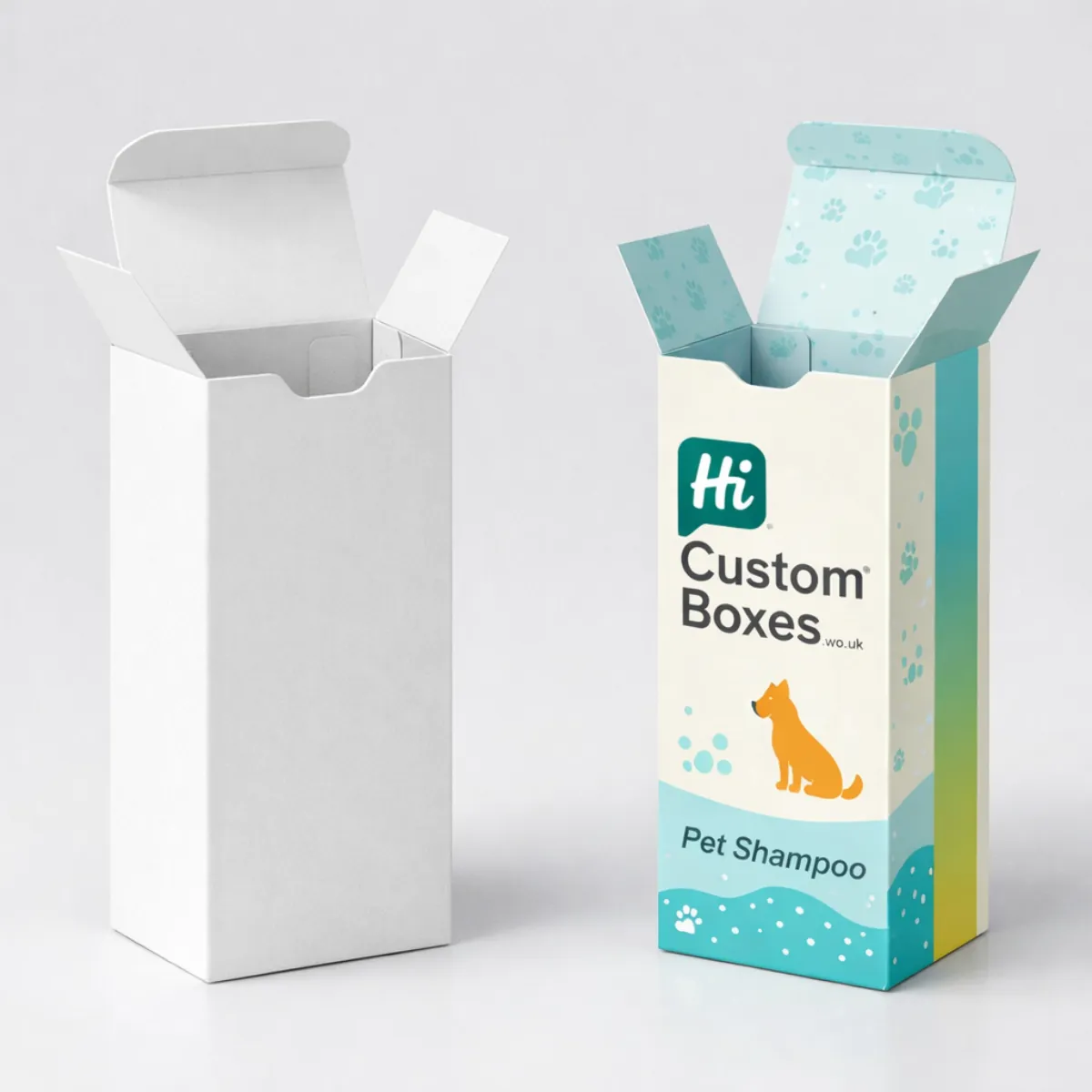 Two upright open-top pet shampoo boxes- one plain white and one with dog illustrations and branding-